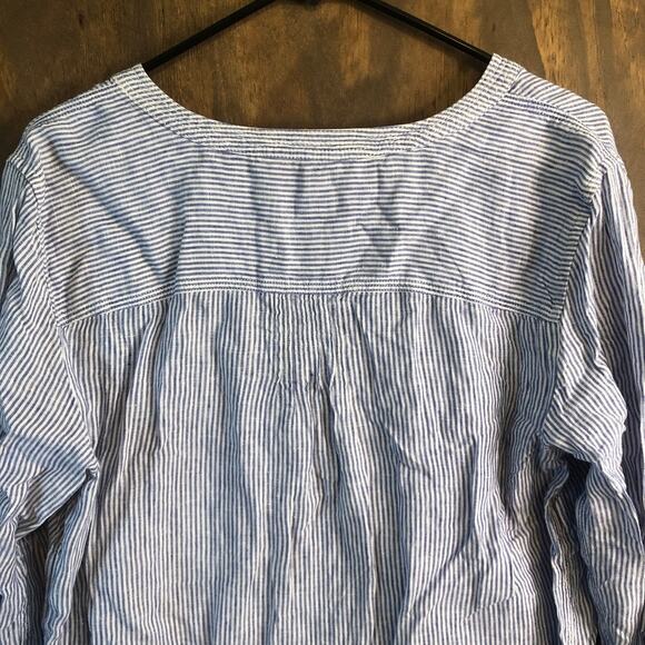 Talbots Womens Blouse White Blue Stripe Popover V Neck Roll Tab 100% Linen L - Picture 10 of 11